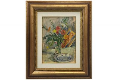 Stojan Aralica, Cveće, oko 1949, ulje na platnu kaširanom na šperploču, 42,5x30,5 cm, privatno vlasništvo.