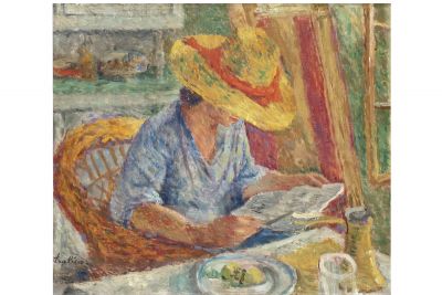 Stojan Aralica, Žena sa slamnim šeširom, 1934, ulje na platnu, 48x55,5 cm, Spomen -zbirka Pavla Beljanskog, Nosi Sad.