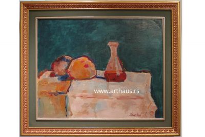 Marko Čelebonović, Mrtva priroda sa bokalom vina i hlebom, 1960-ih, ulje na platnu, 73x92 cm.