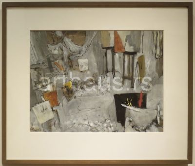 Nedeljko Gvozdenović, Sivo-beli atelje, 1964, gvaš na papiru, 38x49 cm