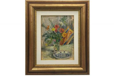 Stojan Aralica, Cveće, oko 1949, ulje na platnu kaširanom na šperploču, 42,5x30,5 cm, privatno vlasništvo.