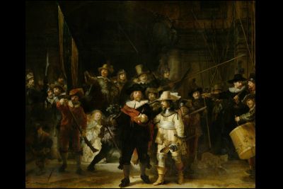Rembrandt van Rijn, Militia Company of District II under the Command of Captain Frans Banninck Cocq, Known as the ‘Night Watch’ (1642). On loan from the City of Amsterdam.